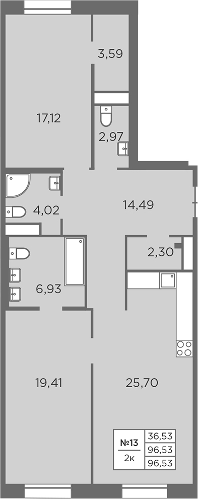 2-комнатная квартира 96.53 м², 3/7 эт., ЖК «Северная Корона»